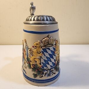 German Vintage  Ceramic Beer Stein with Blue and Silver Accents